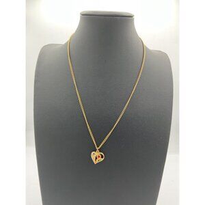 Gold Heart Pendant Necklace with Red Rhinestone Flower Detail